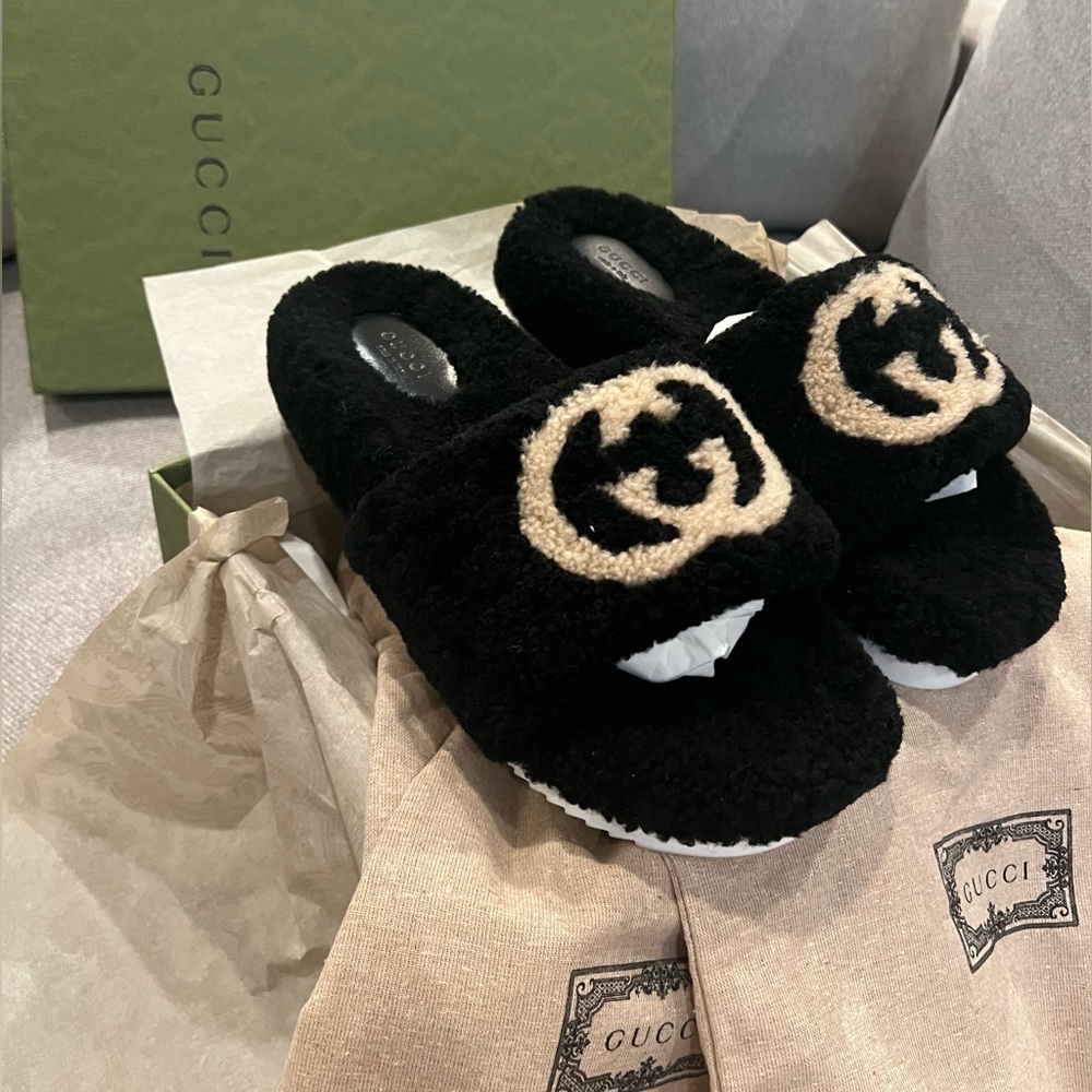 Gucci Black and Cream Platform Slides